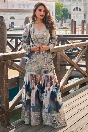 Blue and grey  emboidery sequins mirror chinnon silk  blouse jacket  gharara suit- full stitched free size