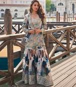 Blue and grey  emboidery sequins mirror chinnon silk  blouse jacket  gharara suit- full stitched free size