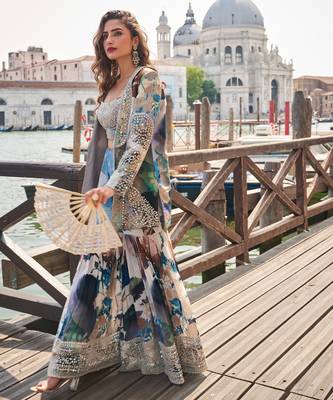 Blue and grey  emboidery sequins mirror chinnon silk  blouse jacket  gharara suit- full stitched free size 2