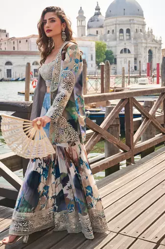 Blue and grey  emboidery sequins mirror chinnon silk  blouse jacket  gharara suit- full stitched free size