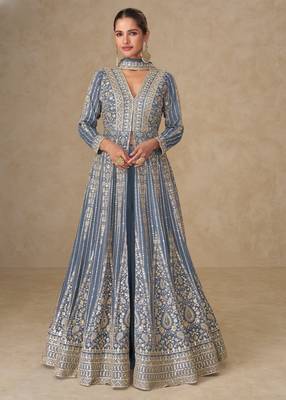 Lavendar thread embroided & sequines work chinnon silk anarkali kurta palazzo suit- full stitched free size 1