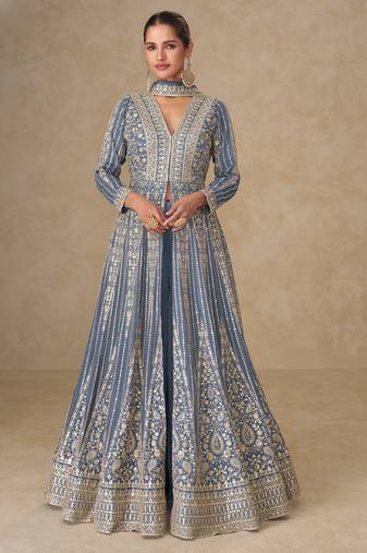 Lavendar thread embroided & sequines work chinnon silk anarkali kurta palazzo suit- full stitched free size