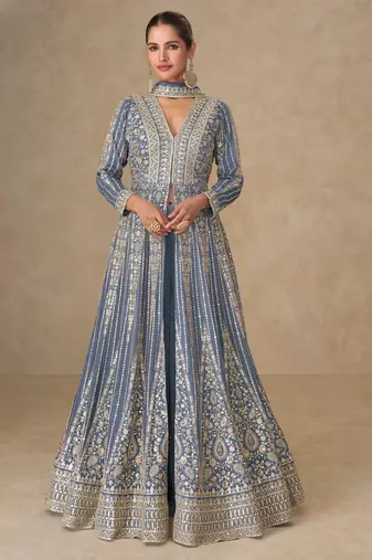 Lavendar thread embroided & sequines work chinnon silk anarkali kurta palazzo suit- full stitched free size