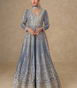 Lavendar thread embroided & sequines work chinnon silk anarkali kurta palazzo suit- full stitched free size