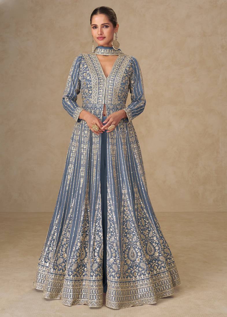 Lavendar thread embroided & sequines work chinnon silk anarkali kurta palazzo suit- full stitched free size