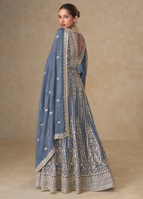 Lavendar thread embroided & sequines work chinnon silk anarkali kurta palazzo suit- full stitched free size 2
