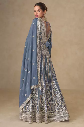 Lavendar thread embroided & sequines work chinnon silk anarkali kurta palazzo suit- full stitched free size