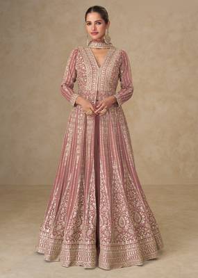 Blue embroided  & sequines chinnon silk anarkali kurta palazzo suit- full stitched free size 1