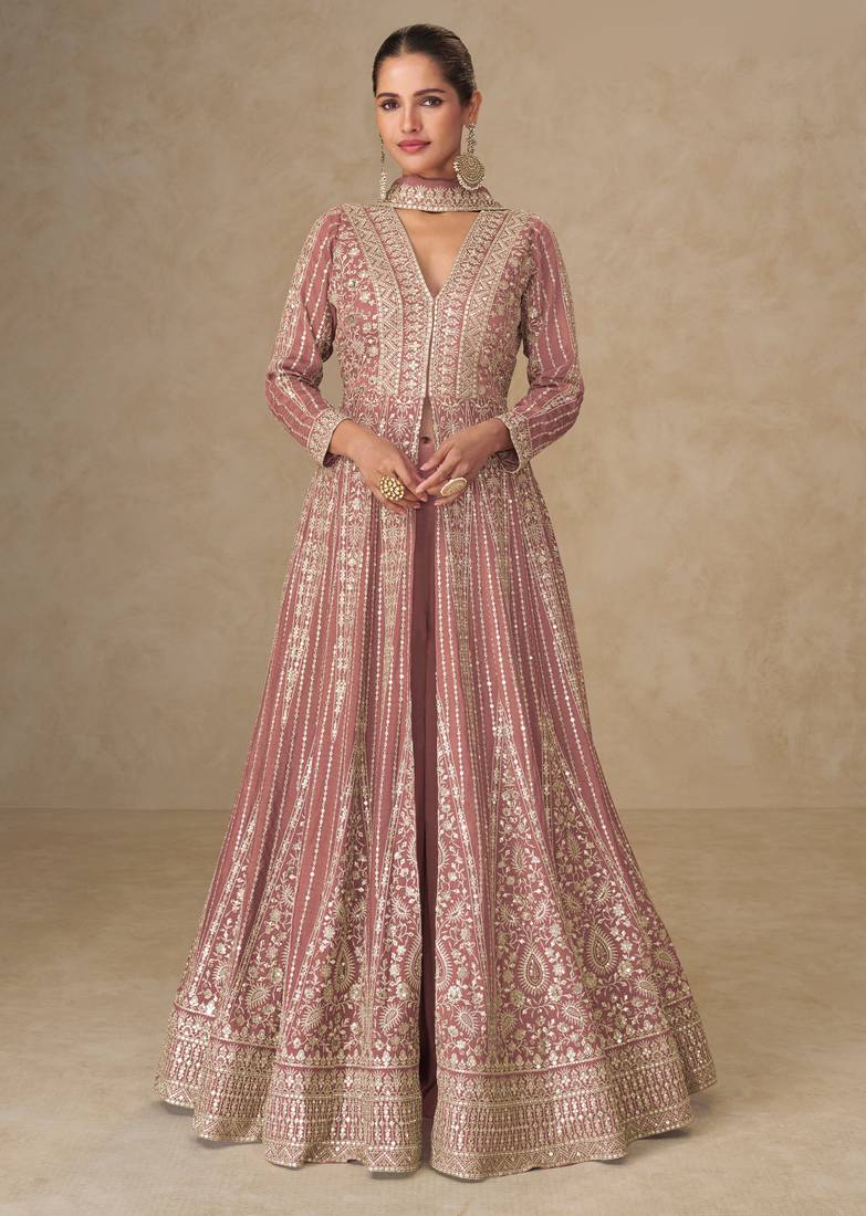 Blue embroided  & sequines chinnon silk anarkali kurta palazzo suit- full stitched free size