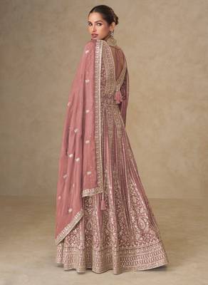 Blue embroided  & sequines chinnon silk anarkali kurta palazzo suit- full stitched free size 2