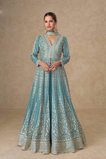 Dusty rose embroidery & sequines chinnon silk anarkali kurta palazzo suit- full stitched free size