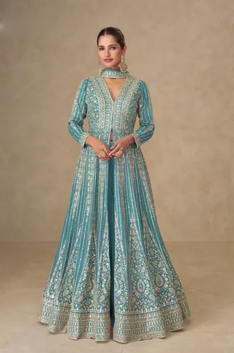 Dusty rose embroidery & sequines chinnon silk anarkali kurta palazzo suit- full stitched free size