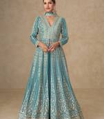 Dusty rose embroidery & sequines chinnon silk anarkali kurta palazzo suit- full stitched free size