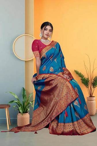 Teal Blue Banarasi Silk Saree with Zari Thread Butta Work & Rich Woven Border by Maharanga
