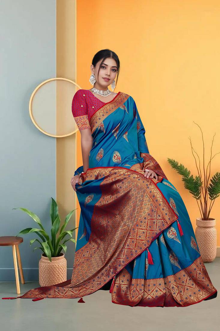 Teal Blue Banarasi Silk Saree with Zari Thread Butta Work & Rich Woven Border by Maharanga