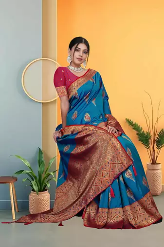 Teal Blue Banarasi Silk Saree with Zari Thread Butta Work & Rich Woven Border by Maharanga