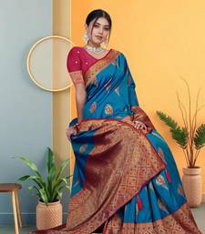 Teal Blue Banarasi Silk Saree with Zari Thread Butta Work & Rich Woven Border by Maharanga