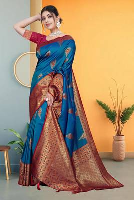 Teal Blue Banarasi Silk Saree with Zari Thread Butta Work & Rich Woven Border by Maharanga 2