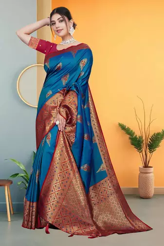 Teal Blue Banarasi Silk Saree with Zari Thread Butta Work & Rich Woven Border by Maharanga