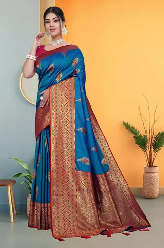 Teal Blue Banarasi Silk Saree with Zari Thread Butta Work & Rich Woven Border by Maharanga