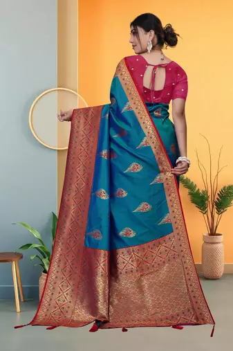 Teal Blue Banarasi Silk Saree with Zari Thread Butta Work & Rich Woven Border by Maharanga