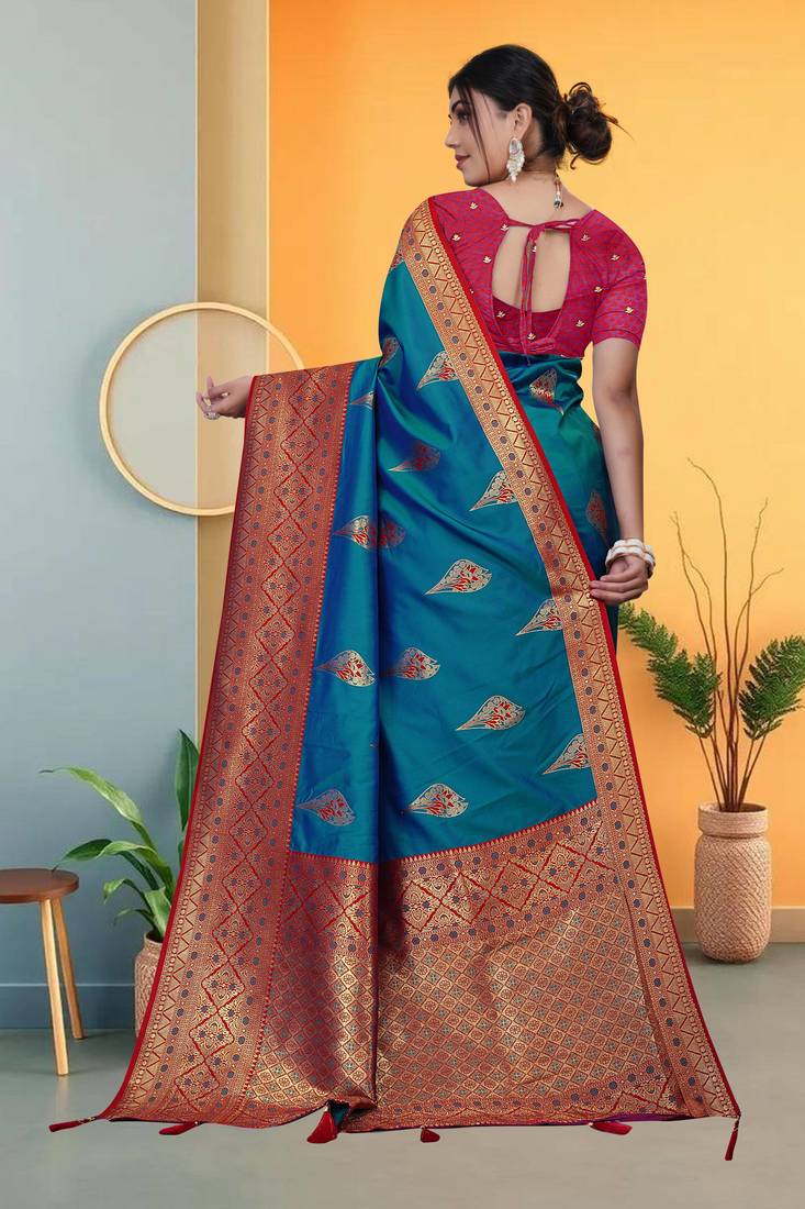 Teal Blue Banarasi Silk Saree with Zari Thread Butta Work & Rich Woven Border by Maharanga