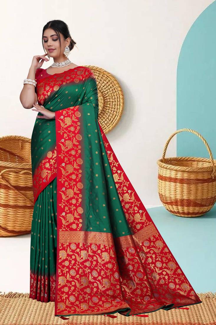 Green Banarasi Silk Blend Saree with Gold Zari Butta & Heavy Floral Woven Red Border by Maharanga