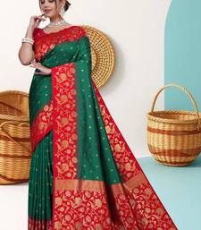 Green Banarasi Silk Blend Saree with Gold Zari Butta & Heavy Floral Woven Red Border by Maharanga