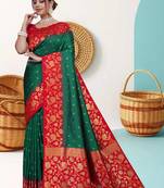 Green Banarasi Silk Blend Saree with Gold Zari Butta & Heavy Floral Woven Red Border by Maharanga