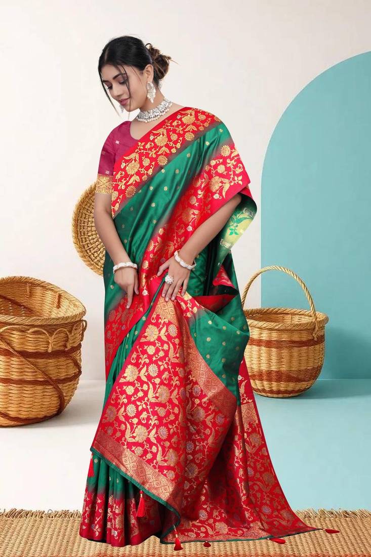 Green Banarasi Silk Blend Saree with Gold Zari Butta & Heavy Floral Woven Red Border by Maharanga