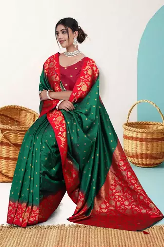 Green Banarasi Silk Blend Saree with Gold Zari Butta & Heavy Floral Woven Red Border by Maharanga