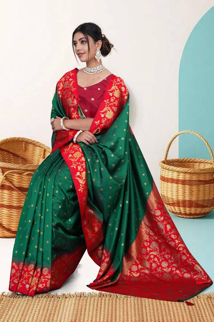 Green Banarasi Silk Blend Saree with Gold Zari Butta & Heavy Floral Woven Red Border by Maharanga