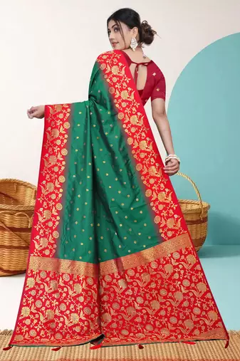 Green Banarasi Silk Blend Saree with Gold Zari Butta & Heavy Floral Woven Red Border by Maharanga