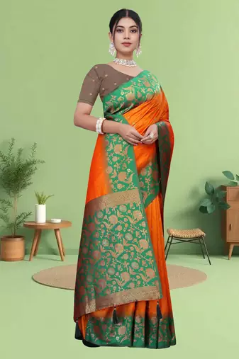 Orange Banarasi Silk Blend Saree with Gold Zari Butta & Green Heavy Floral Woven Border by Maharanga