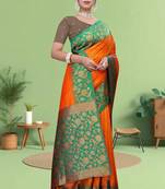 Orange Banarasi Silk Blend Saree with Gold Zari Butta & Green Heavy Floral Woven Border by Maharanga