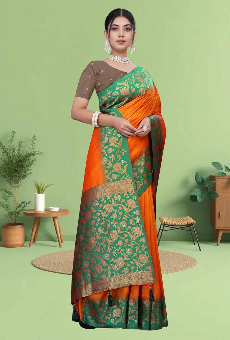 Orange Banarasi Silk Blend Saree with Gold Zari Butta & Green Heavy Floral Woven Border by Maharanga
