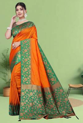 Orange Banarasi Silk Blend Saree with Gold Zari Butta & Green Heavy Floral Woven Border by Maharanga 2