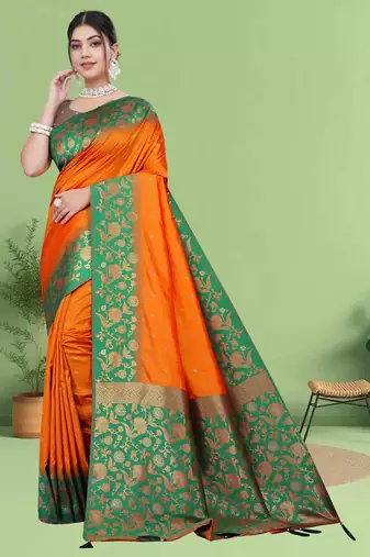Orange Banarasi Silk Blend Saree with Gold Zari Butta & Green Heavy Floral Woven Border by Maharanga