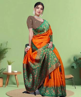 Orange Banarasi Silk Blend Saree with Gold Zari Butta & Green Heavy Floral Woven Border by Maharanga 3