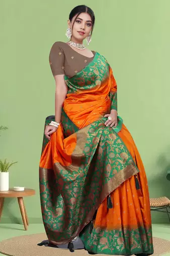 Orange Banarasi Silk Blend Saree with Gold Zari Butta & Green Heavy Floral Woven Border by Maharanga