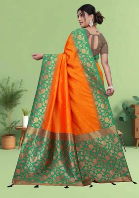 Orange Banarasi Silk Blend Saree with Gold Zari Butta & Green Heavy Floral Woven Border by Maharanga 4