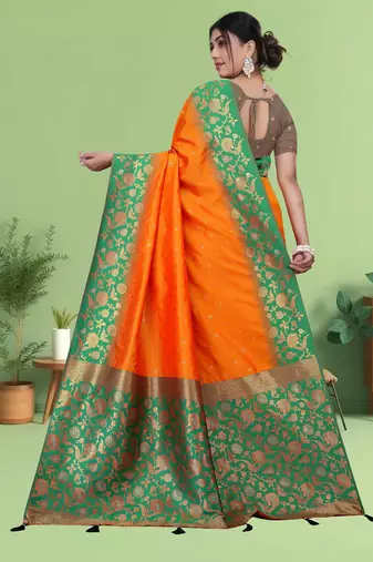 Orange Banarasi Silk Blend Saree with Gold Zari Butta & Green Heavy Floral Woven Border by Maharanga