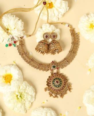 gold plated necklace set with jhumkas 1