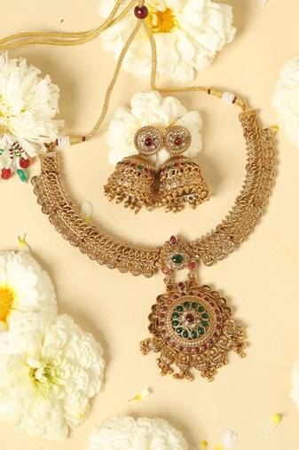 gold necklace set with jhumka earrings