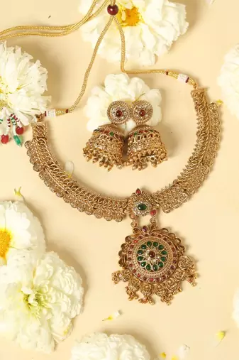 gold necklace set with jhumka earrings