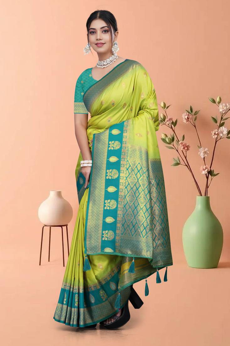 Parrot Green Banarasi Silk Blend Saree with Gold Zari Butta & Teal Heavy Woven Border by Maharanga