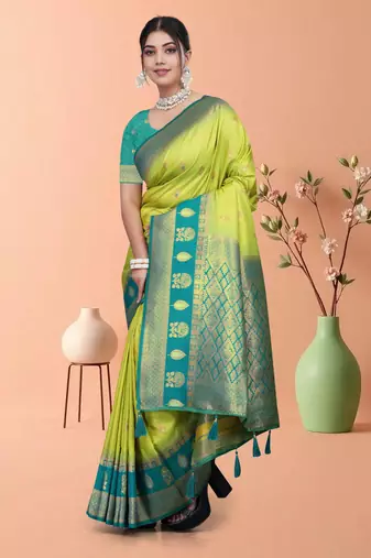 Parrot Green Banarasi Silk Blend Saree with Gold Zari Butta & Teal Heavy Woven Border by Maharanga