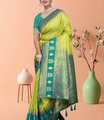 Parrot Green Banarasi Silk Blend Saree with Gold Zari Butta & Teal Heavy Woven Border by Maharanga