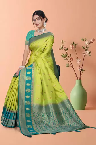 Parrot Green Banarasi Silk Blend Saree with Gold Zari Butta & Teal Heavy Woven Border by Maharanga