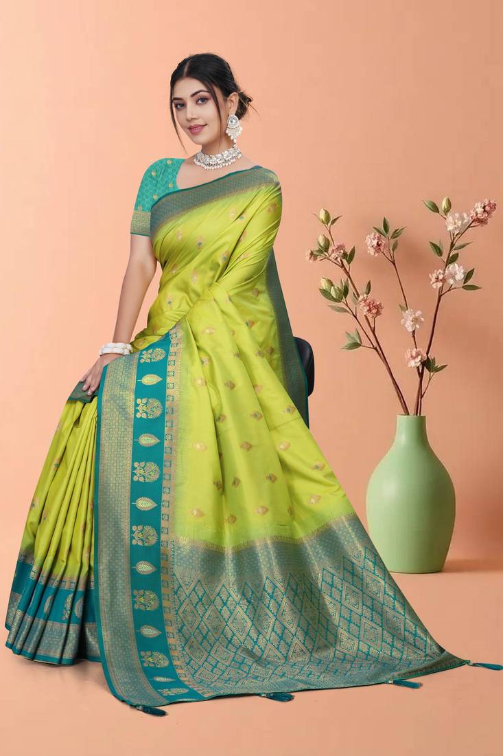 Parrot Green Banarasi Silk Blend Saree with Gold Zari Butta & Teal Heavy Woven Border by Maharanga